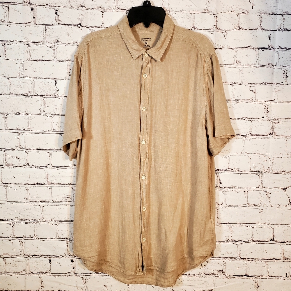 Marfinno Men’s Linen Viscose Button Up Short Sleeve Shirt Neutral Tan Size M